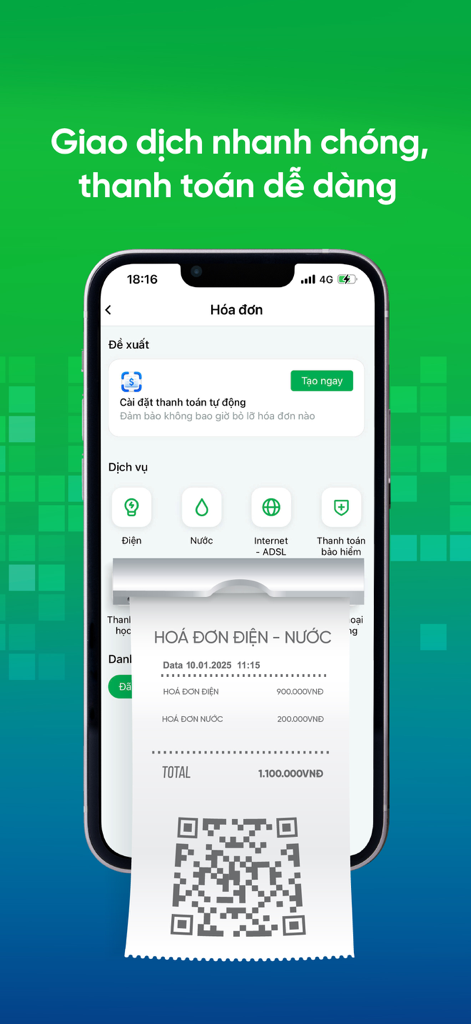 VPBank NEO - VPBank NEO App-Bildschirm zur Bezahlung von Strom- und Wasserrechnungen mit einer digitalen Quittung