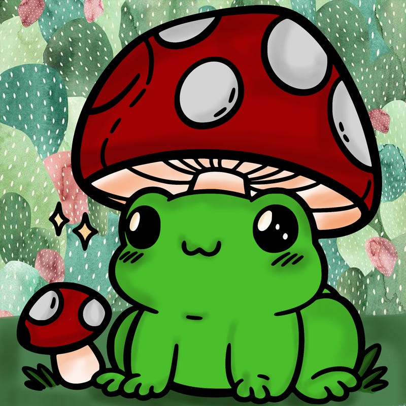 a cute frog with a mushroom hat