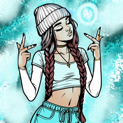 realistic teenage girl with braids and a beanie and crop top doing 🫶🏼