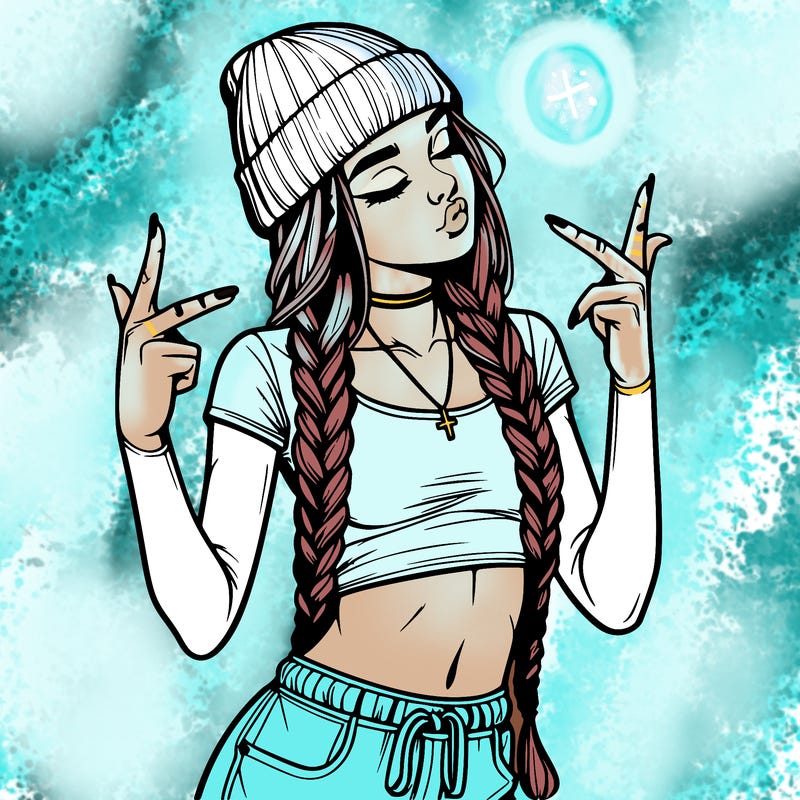 realistic teenage girl with braids and a beanie and crop top doing 🫶🏼