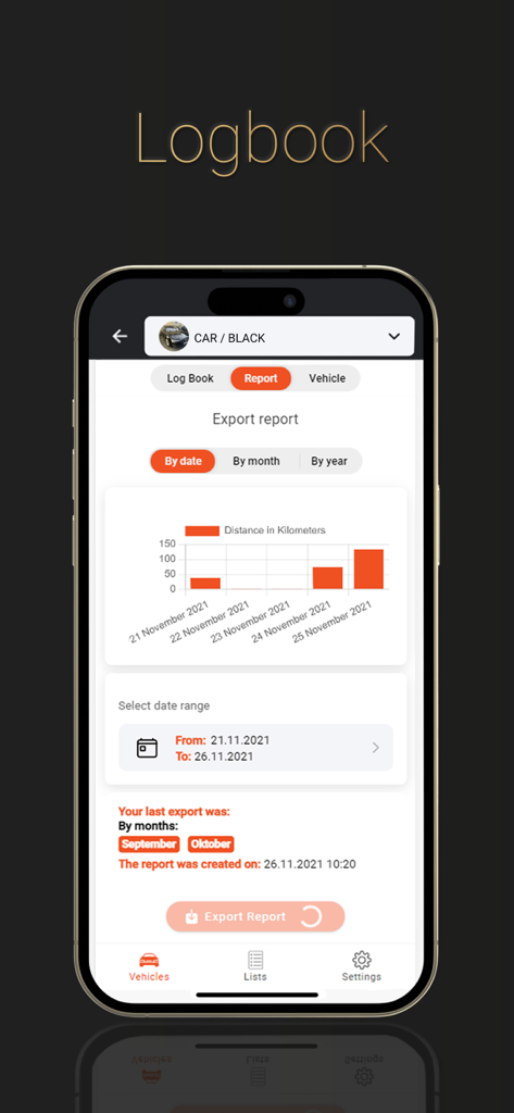 PAJ Portal v2 App zeigt das Fahrtenbuch mit Streckenverfolgung des Fahrzeugs und Optionen zum Exportieren von Berichten