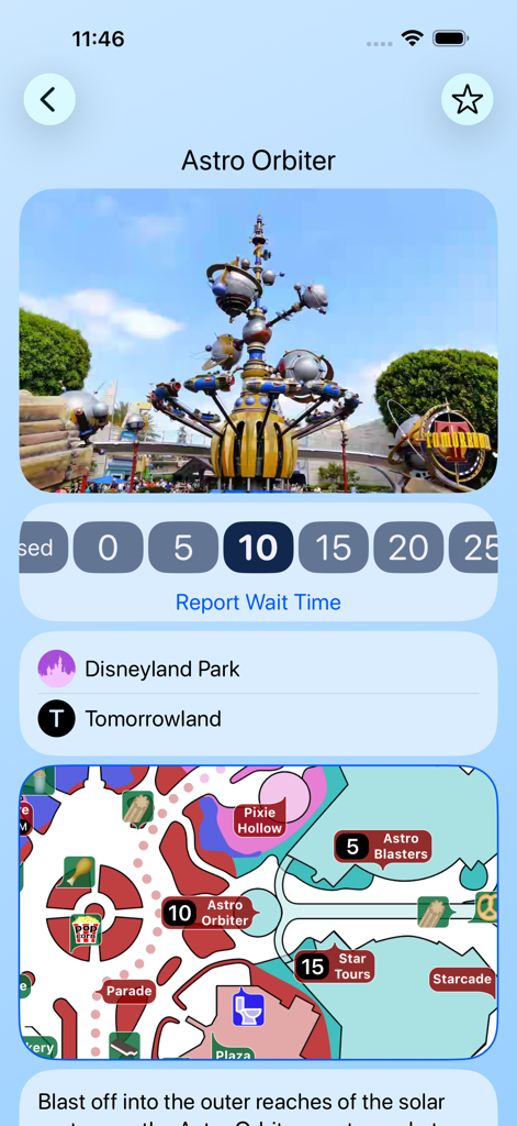 Wait Times for Disneyland - Disneyland wait times app interface showing Astro Orbiter ride details and a park map location