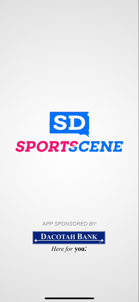 SD SportScene - SD SportScene app launch screen featuring the logo and Dacotah Bank sponsorship