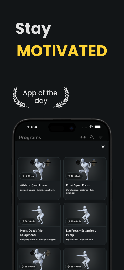 A smartphone showing the FITZZ app interface with various workout programs for leg exercises and the text Stay Motivated.