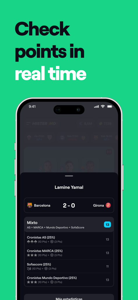 BEMANAGER - Fantasy Soccer - BEMANAGER fantasy soccer app interface displaying real-time points breakdown for a player