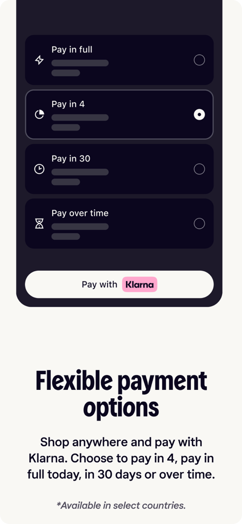 Interface of the Klarna app showing flexible payment options including Pay in 4 and Pay in 30 days