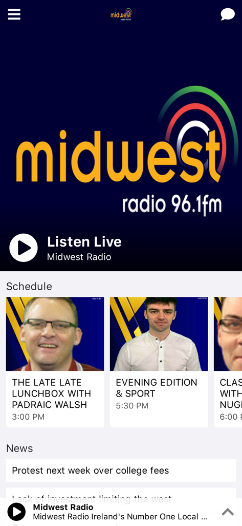 Midwest Radio app interface displaying the live player, show schedule, and local news headlines.