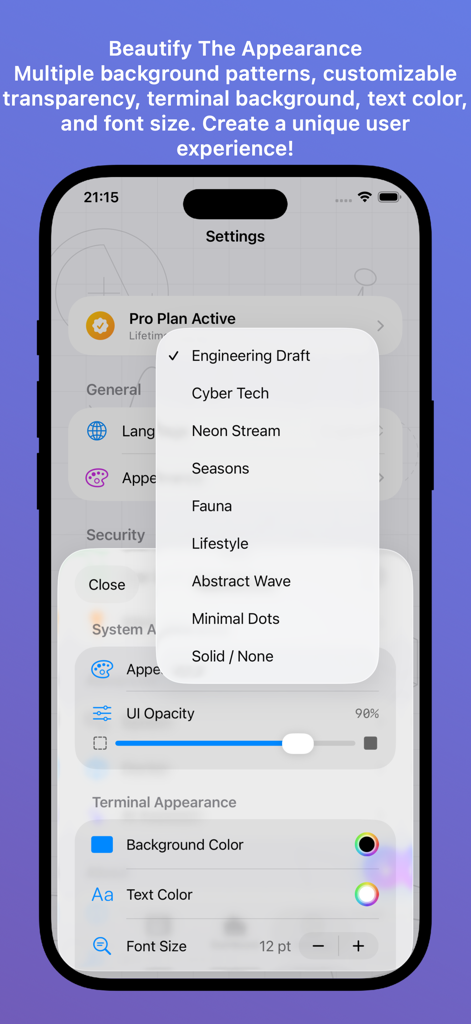 Nexus Terminal - Nexus Terminal app interface showing terminal appearance and background customization settings