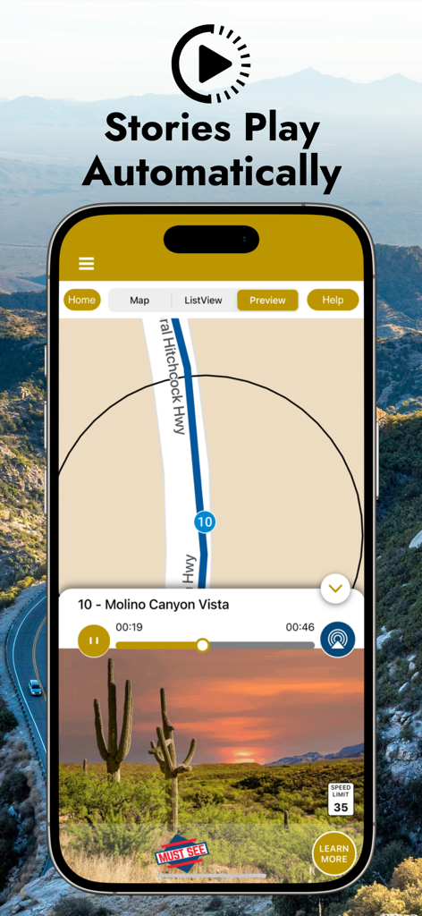 Mount Lemmon GPS Audio Tour - A screenshot of the Mount Lemmon GPS audio tour app displaying a map route and an automatically triggered audio story for Molino Canyon Vista