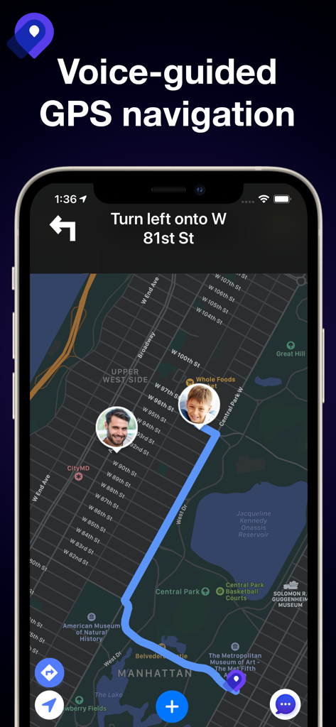 Interface do aplicativo Safe exibindo navegação GPS por voz e localizações de amigos em tempo real em um mapa da cidade.
