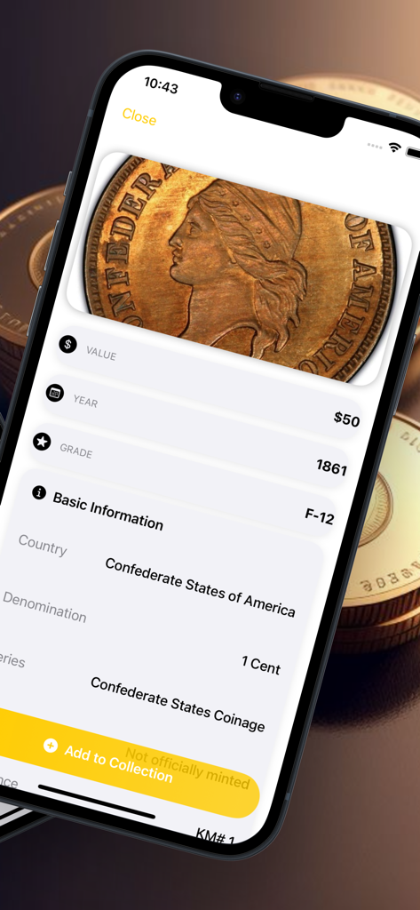 Rare Coin Value Identifier - 1861年製南軍1セント硬貨の年号、グレード、市場価値を表示するモバイルアプリケーション画面。