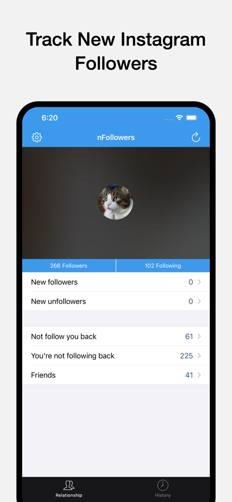 Panel de la aplicación nFollowers que muestra estadísticas de seguimiento de seguidores y no seguidores de Instagram