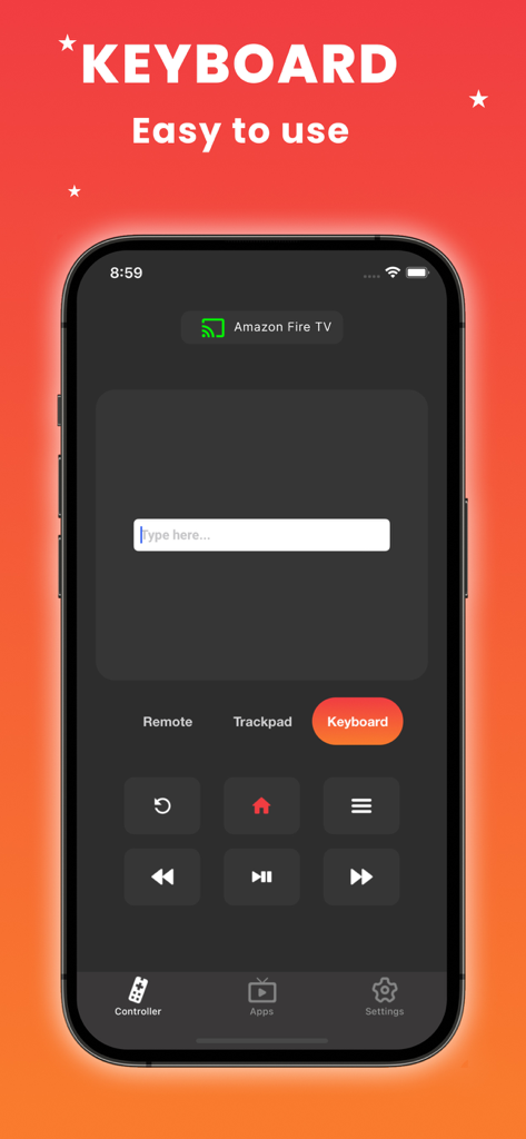 Interface do aplicativo do iPhone mostrando o recurso de entrada de teclado para digitação fácil na Amazon Fire TV
