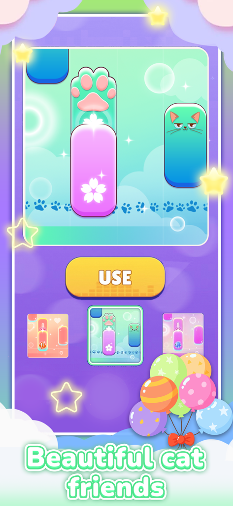 PopCat Tiles: Piano & Music - Un menu dans PopCat Tiles montrant diverses skins mignonnes sur le thème des chats pour les tuiles de piano avec une esthétique pastel.