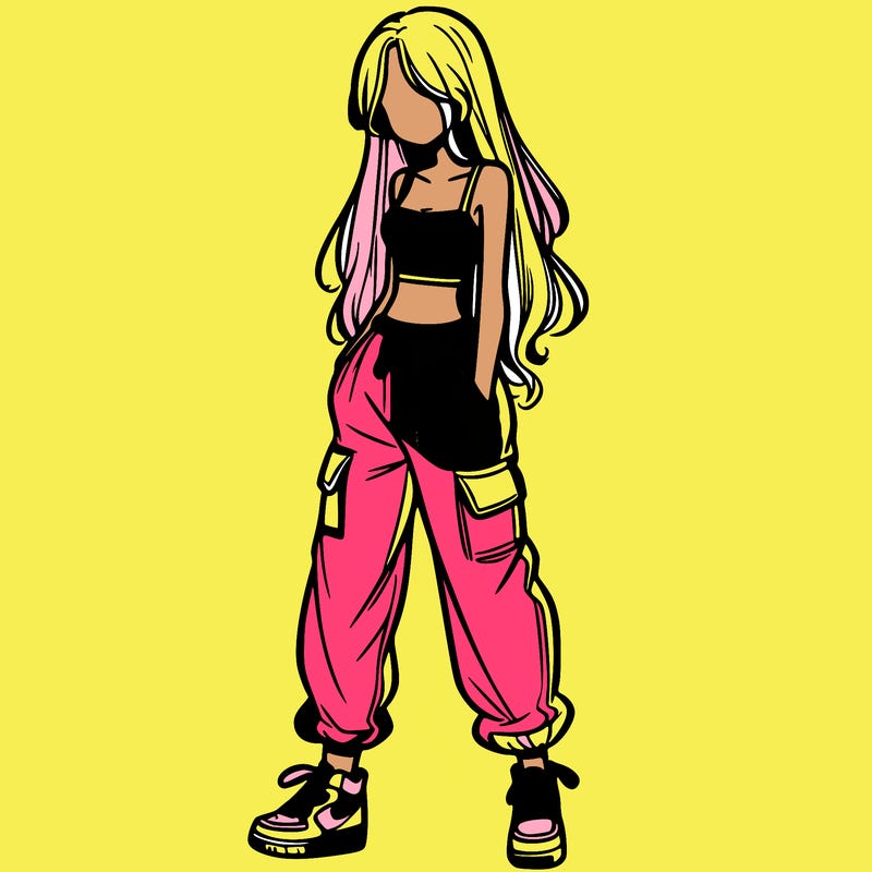 girl in baggy pants crop top and long hair