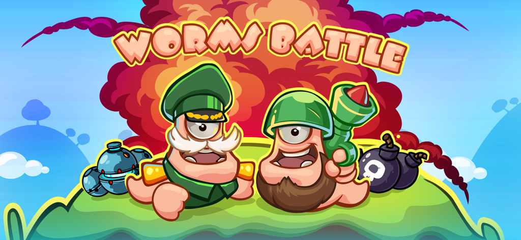 Two cartoon worm soldiers in military gear standing in front of a large explosion with game title