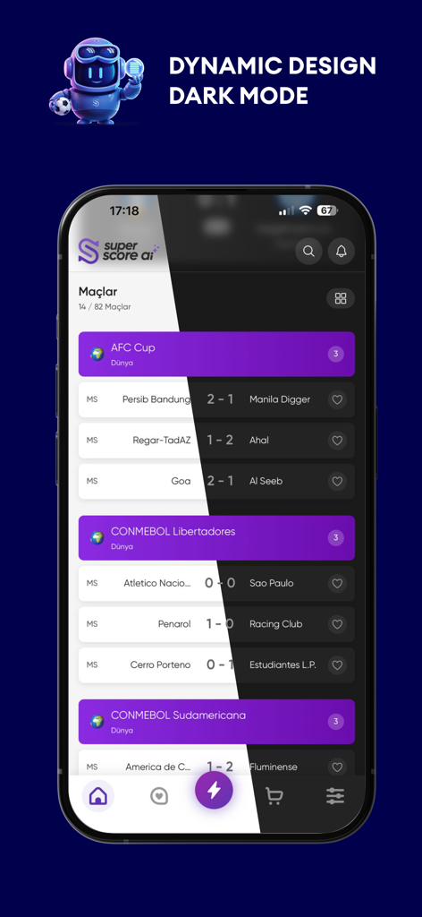 Super Score AI - Tips - Super Score AI mobile app screenshot displaying soccer match scores in a dark mode interface