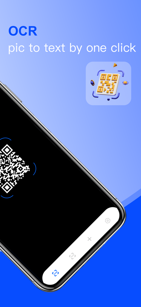 QR Code Reader Scan Barcode - Pantalla de iPhone mostrando la función OCR para convertir imágenes a texto en la aplicación escáner QR