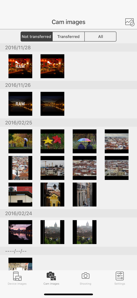 A gallery view of camera images in the Image Sync app organized by date