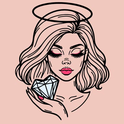 a face of a woman with an halo above her head and a crystal heart in her hand