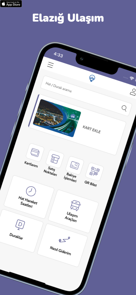 Elazığ Ulaşım - Elazig Ulasim app dashboard showing transit card management and route planning features.