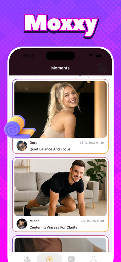 Moxxy - Moxxyアプリのモーメントフィード。DoraやMicahのようなユーザーからのヨガ練習ビデオとコミュニティ投稿が表示されています。
