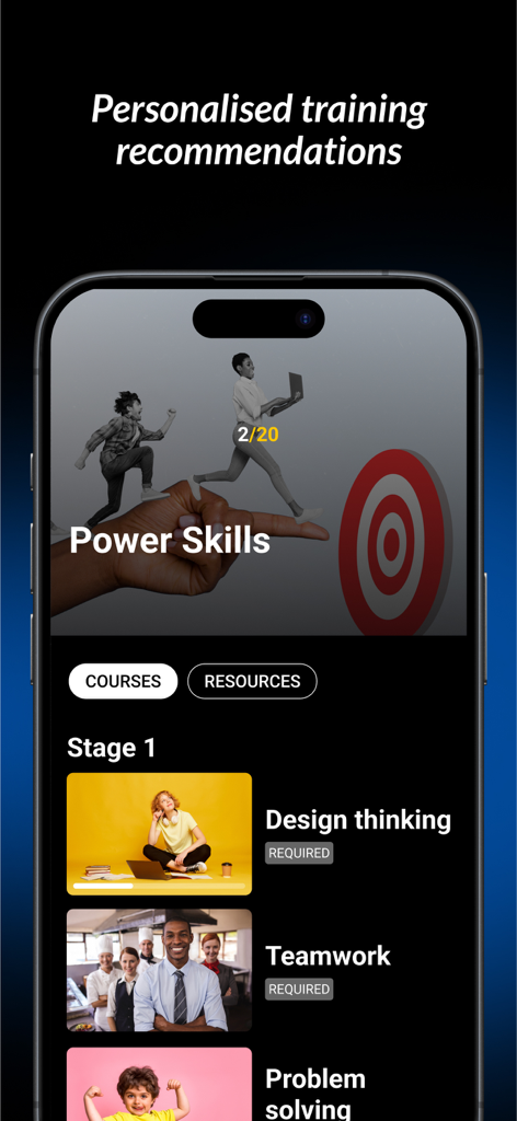Learning Cloud LMS - Learning Cloud LMS mobile App-Oberfläche, die personalisierte Schulungsempfehlungen und erforderliche Kurse wie 'Design Thinking' und 'Teamwork' anzeigt.