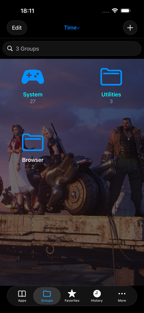 Shortcut Manager Pro app screen showing organized shortcut groups with a custom background