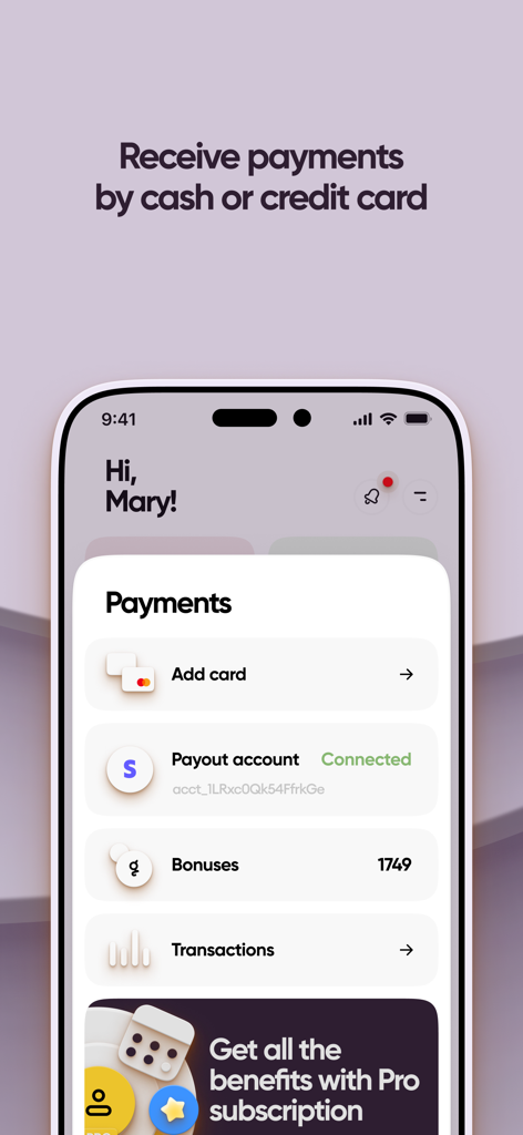 Glambook Pro App-Oberfläche für Beauty-Profis zur Verwaltung von Bargeld- und Kreditkartenzahlungen