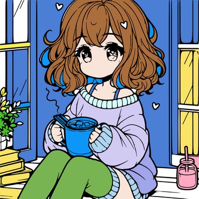 cute anime girl reading book and drinking hot chocolate from mug with loose wavy hair wearing a baggy sweatshirt and shorts sitting by windowsill looking out