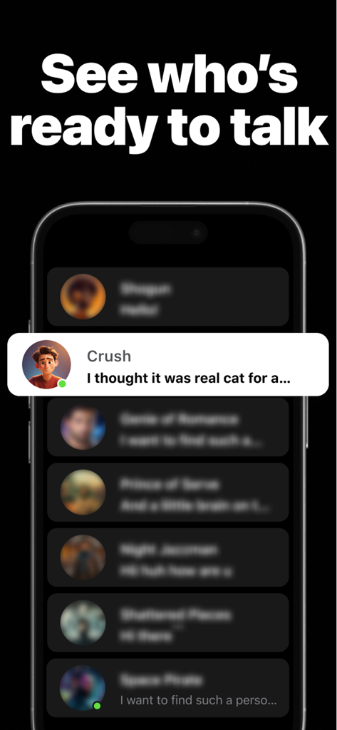 Tela do celular do aplicativo Spark mostrando uma lista de perfis de chat anônimos para se conectar