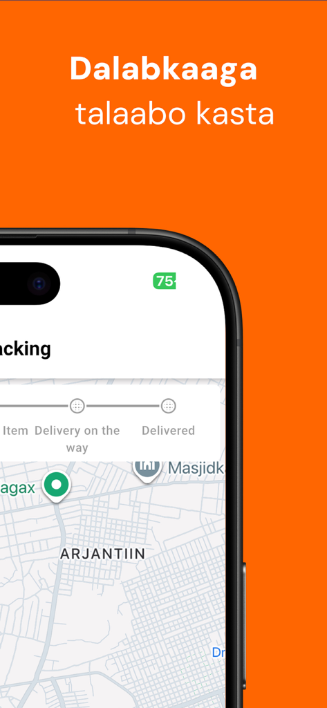 Caawiye app interface showing real-time delivery tracking on a map with order status milestones