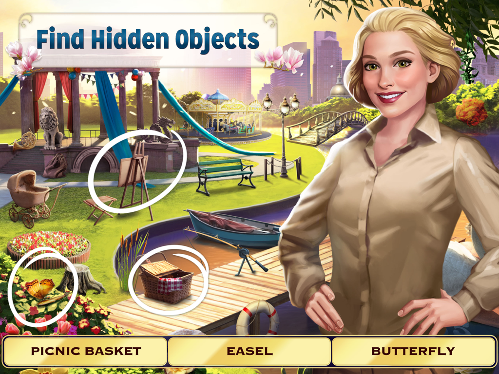 Pearl’s Peril: Hidden Objects - Pearl Wallace character and a hidden object puzzle in a park