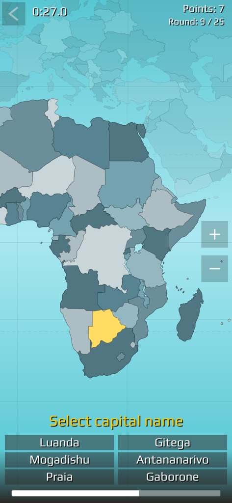 World Map Quiz (Qbis Studio) - A geography quiz screen showing a map of Africa with a highlighted country and multiple choice options to select its capital city