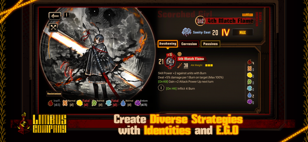 Interface de jeu Limbus Company montrant les statistiques du personnage et la description de la compétence EGO "Flamme du Quatrième Match".