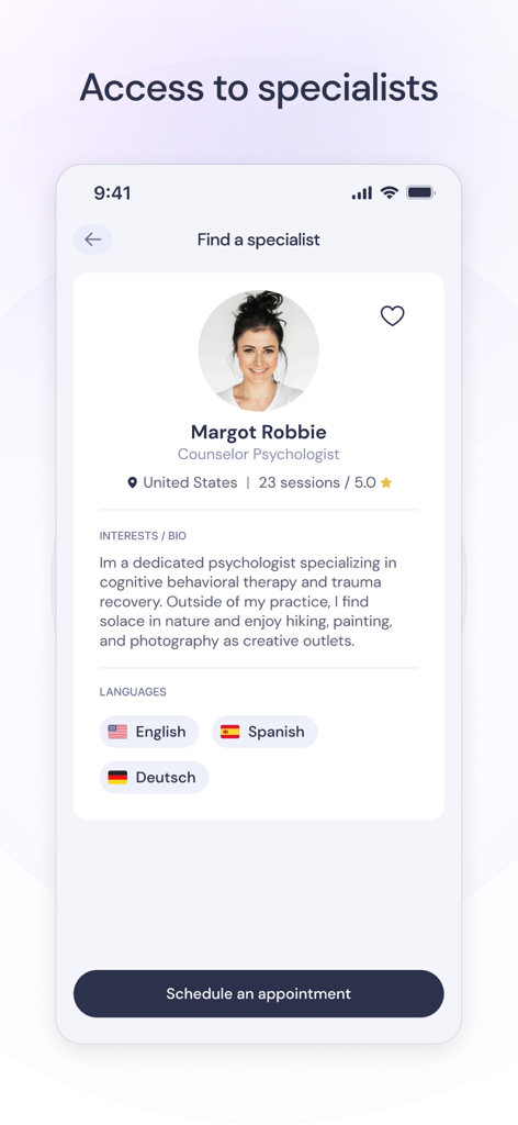 Balancy - Interface de l'application Balancy montrant le profil d'un conseiller spécialisé psychologue avec une biographie et un bouton de planification