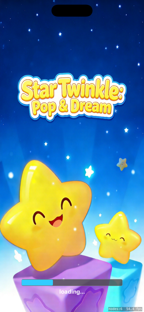 Star Twinkle Pop and Dream game loading screen featuring cute smiling stars on a blue starry background