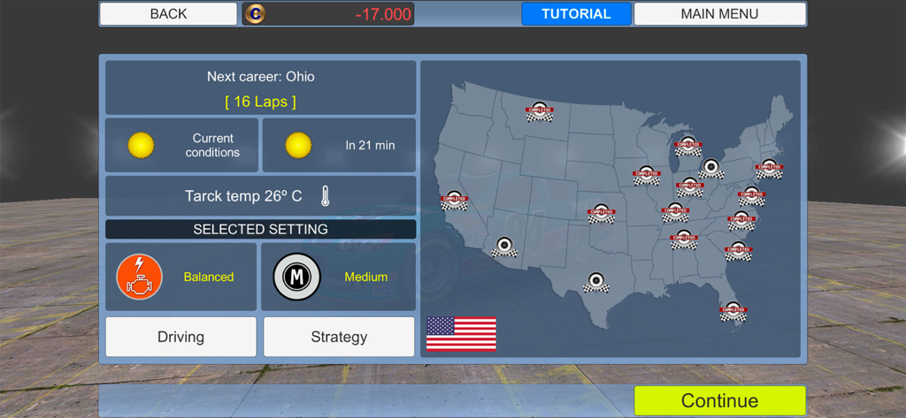 American Speedway Manager - Race menu screen showing track locations across the United States and car setup options