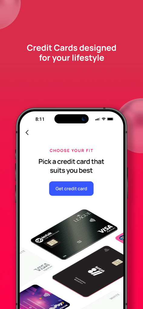 Mobile app screen showing various Kotak Bank credit card options with a button to apply