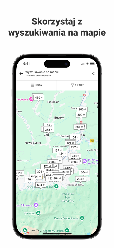 Karten-Suchoberfläche in der Nocowanie.pl App mit Unterkunftspreisen in Polen
