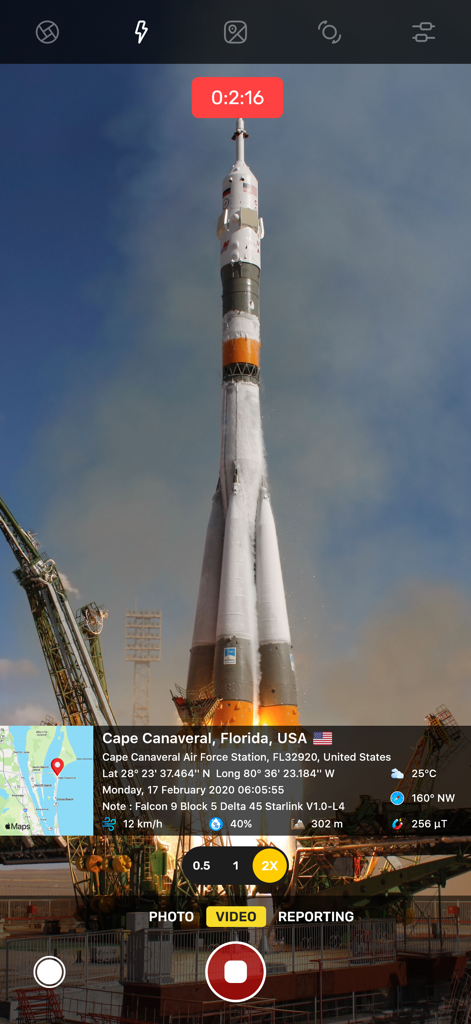 GPS Map Camera app interface recording a rocket launch at Cape Canaveral with detailed location and technical data stamps.