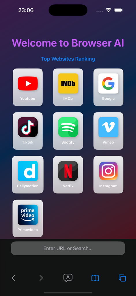 TubeMate ⓂⓉ - Tela inicial do navegador TubeMate AI mostrando ícones de sites populares e barra de pesquisa
