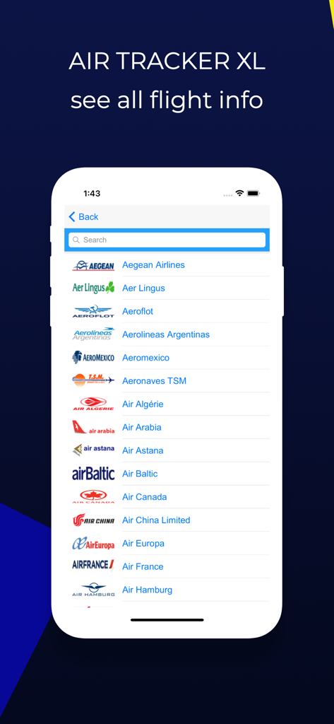 Air Tracker XL - Lista de aerolíneas internacionales consultable en la aplicación Air Tracker XL