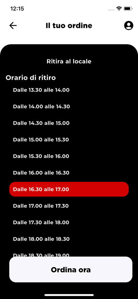 Gep - Gep pizza app screen for choosing a pickup time slot with an order button