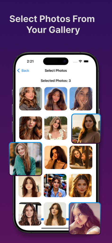 Interface do aplicativo AI Video Studio mostrando uma galeria de fotos para seleção na criação de vídeo