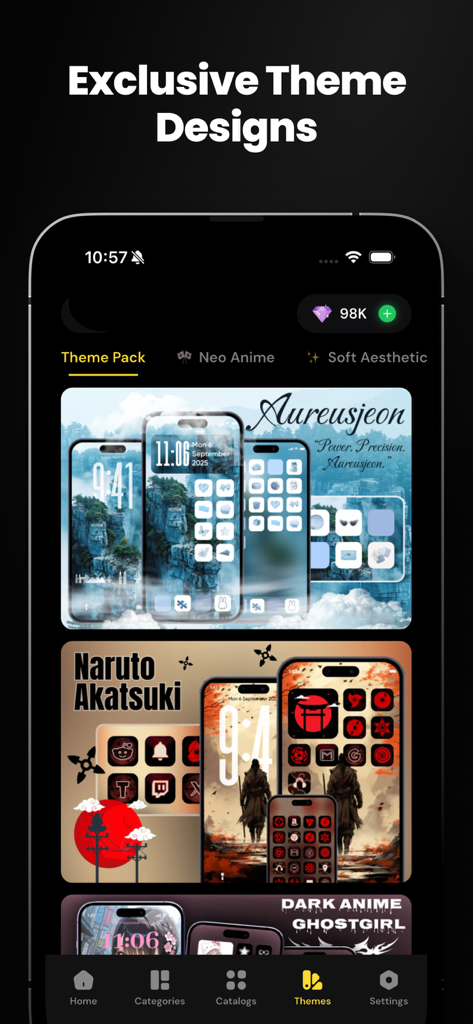 Wallpapers live 4K Background - A mobile app interface displaying exclusive theme packs with anime and aesthetic wallpapers and custom icon sets