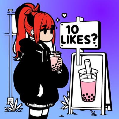 girl with oversized hoodie drinking boba and she has a high ponytail with a sign that says 10likes?