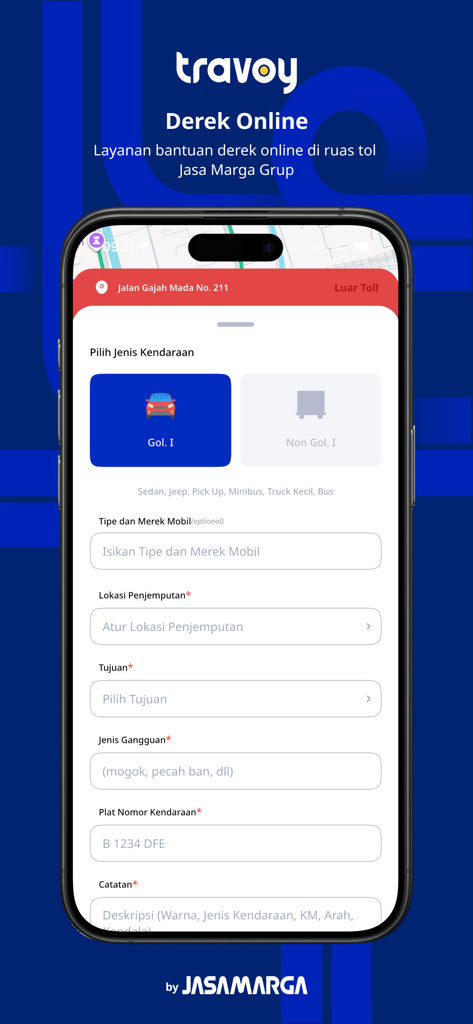 Smartphone screen showing the Travoy app online towing service request form for Indonesian toll roads