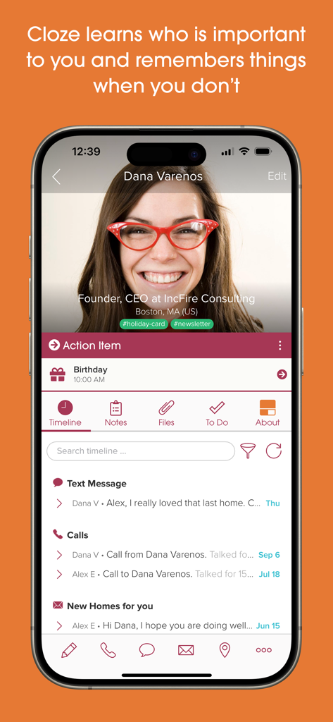 A contact profile in the Cloze app showing interaction history with calls, texts, and emails for a professional relationship
