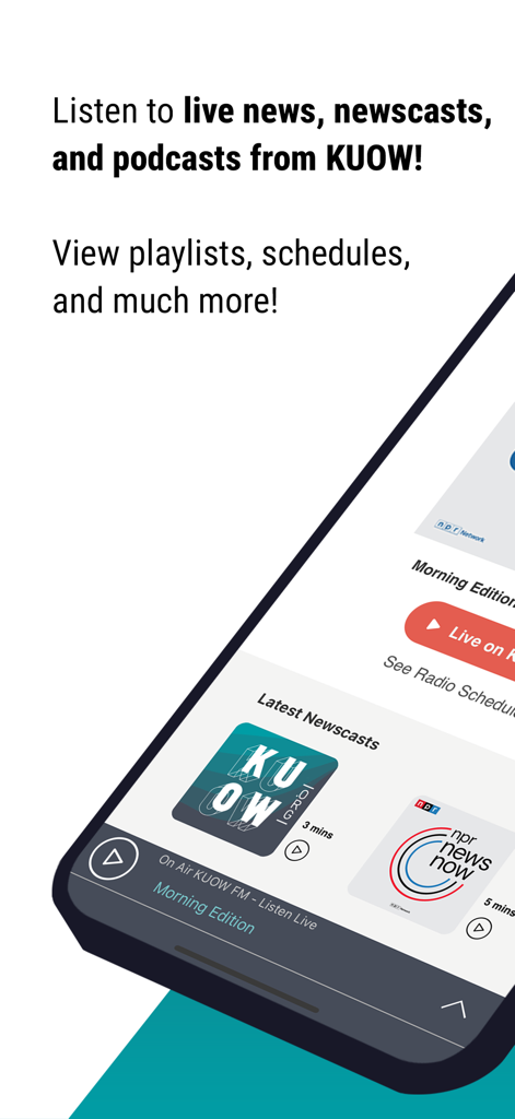 KUOW Puget Sound Public Radio - KUOW radio app interface displaying live news newscasts and podcasts